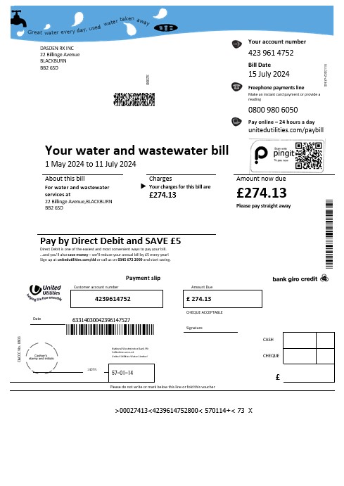 United Kingdom United Utilities water business utility bill template in Word and PDF formats